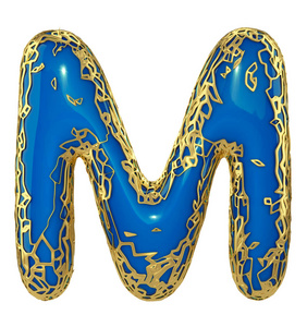 金色闪亮的金属3d 与蓝色油漆符号大写字母 m 大写在白色隔离.