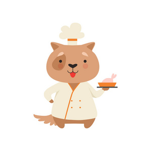 菜狗一个男孩可爱的狗在厨师制服举行美味的菜, 卡通动物字符烹饪向量