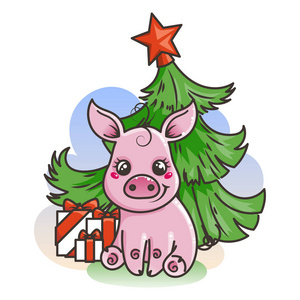 快乐新的2019年卡与卡通婴儿猪。节日小矢量符号