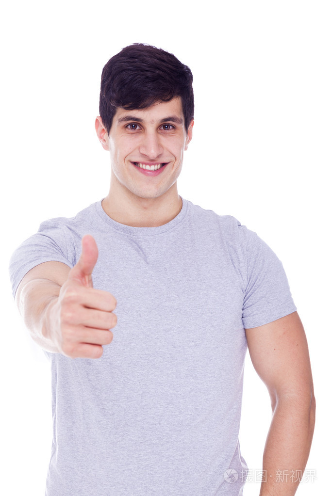 英俊拉丁人竖起大拇指在白色的背景