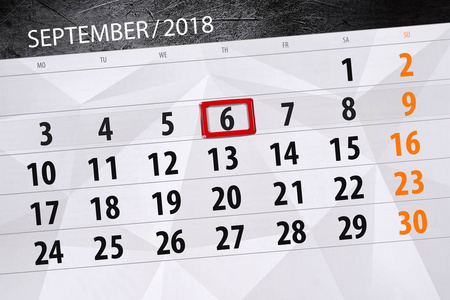 日历规划器的月份, 截止日的一周, 2018 9月, 6, 星期四
