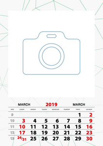 2019年3月日历规划器模板, 周从星期日开始。矢量插图