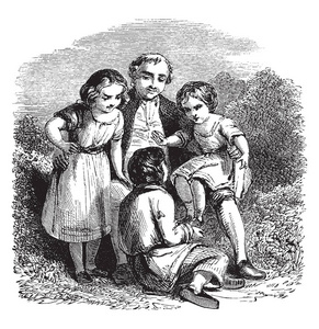 一名男子三儿童坐在地上, 复古线画或雕刻插图