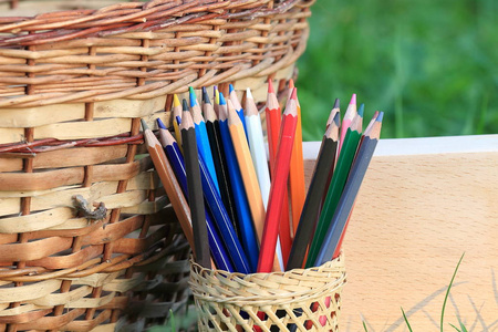 在草地上有一篮子知识的彩色铅笔