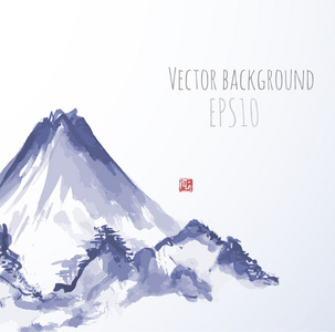 涂鸦素描自然景观图与太阳山海上瀑布手绘山一套山全景风景水彩背景