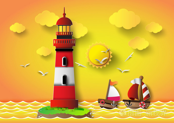 矢量插图灯塔海景