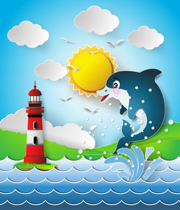 海豚在海面上阳光的插图