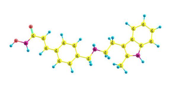 Panobinostat 分子是一种治疗各种癌症的药物。3d 插图