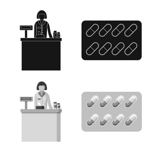 药房和医院图标的向量例证。网络药学与企业股票符号的收集