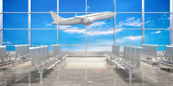 航空旅行概念。机场候机楼有空的等候座位。3d 插图
