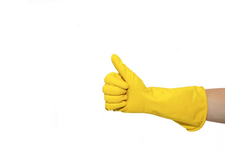 就像一个黄色橡胶手套的徽章。手指向上拖动符号。沉重的姿态。通过白色背景隔离