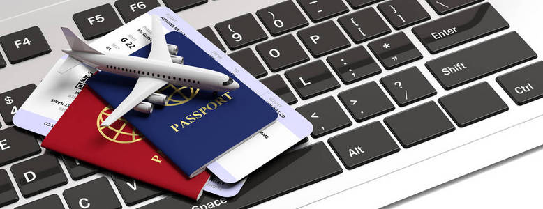 航空旅行和技术概念, 护照和登机牌。电脑键盘上有两张护照和飞机票。3d 插图