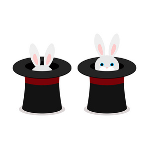 戴着帽子的兔子。魔术帽与兔子耳朵。白色背景的矢量平面图
