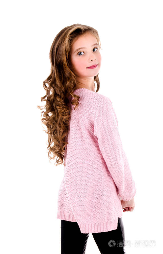 可爱微笑小女孩儿童孤立在一张白纸的肖像