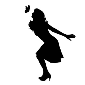 女孩的向量剪影与蝴蝶在白色背景