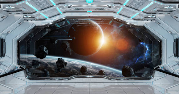白色干净的太空飞船内部与看法在遥远的行星系统3d 渲染元素这张图片由 Nasa 装备