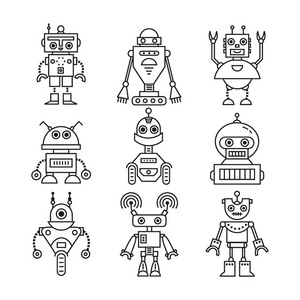 向量集的现代机器人字符图标线条风格。平面机器人