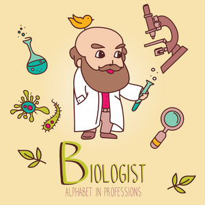 一整套可爱涂鸦图标和老人-生物学家照片
