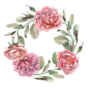 水彩插图。玫瑰和绿叶的水平花圈为婚礼和贺卡, 圈子花框架分离在白色背景以破旧别致的样式