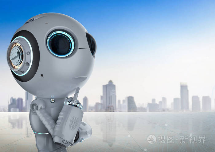 3d. 渲染可爱人工智能机器人的思考或分析