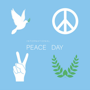 白鸽, 橄榄枝, 手用二个手指和和平标志手的手势和平的标志,象征.