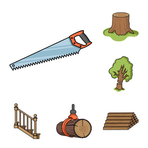 锯木厂和木材卡通图标集合中的设计。硬件和工具矢量符号股票 web 插图