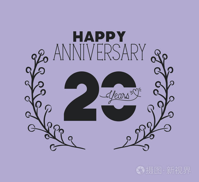 快乐周年纪念数字二十与花圈冠