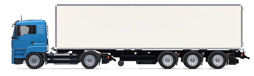 卡车与长的等温货车, 侧面视图。在白色背景上隔离3d 渲染