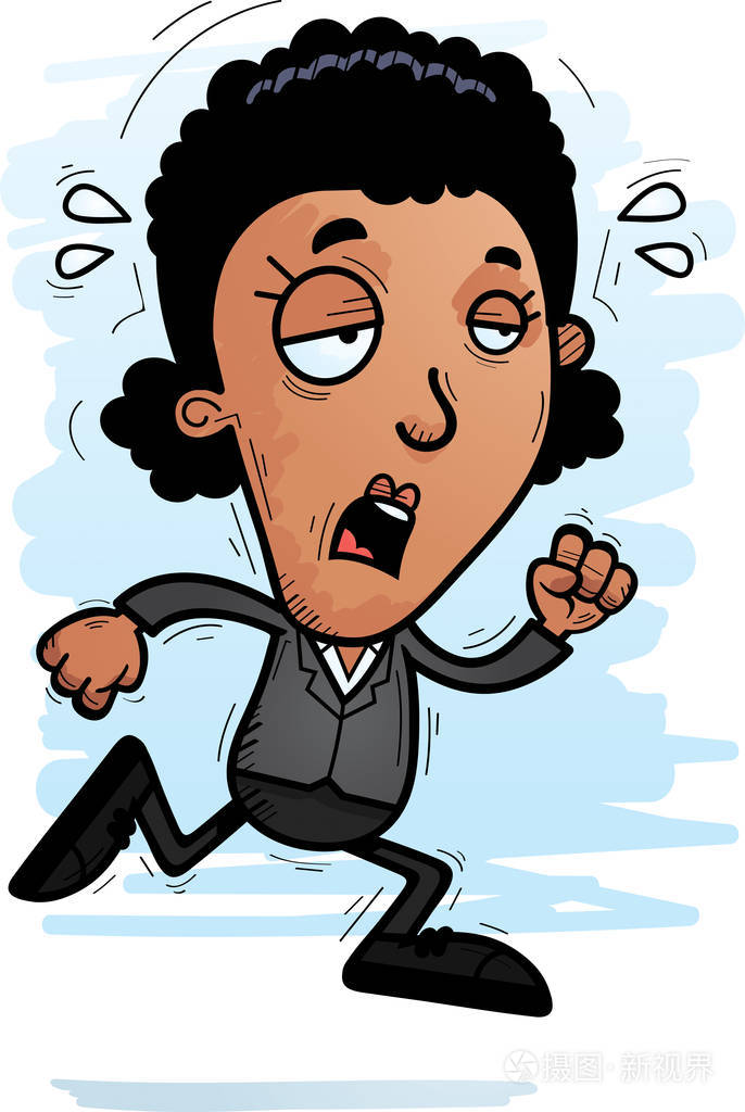 一个黑色的女商人运行和看起来筋疲力尽的卡通插图