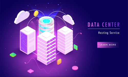 数据中心托管服务概念与与数据库连接的等距服务器在有光泽的紫色背景下为响应的着陆页设计