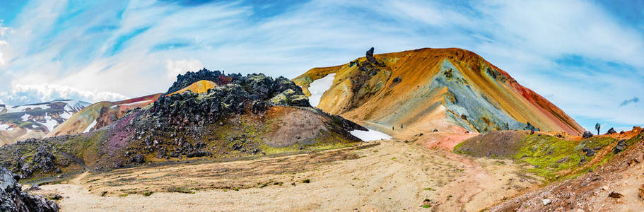 美丽多彩的火山山 Landmannalaugar 在冰岛, 夏季时间, 全景