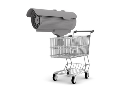 保安摄像机和孤立的白色衬底上的购物车