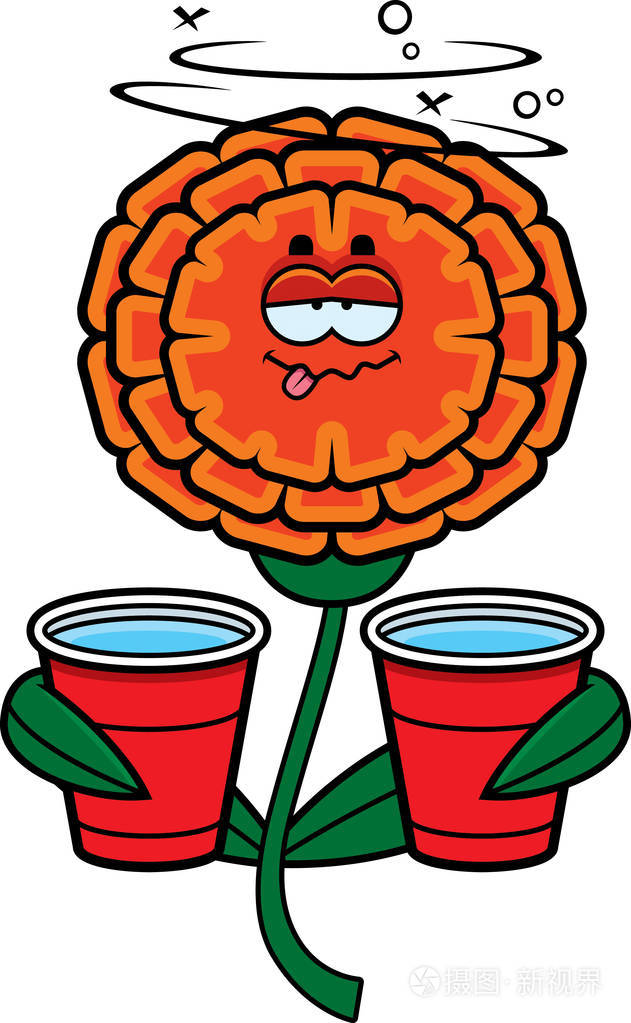 一幅关于万寿菊的卡通插图喝醉了