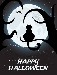 万圣节夜背景与满月和黑猫在树上