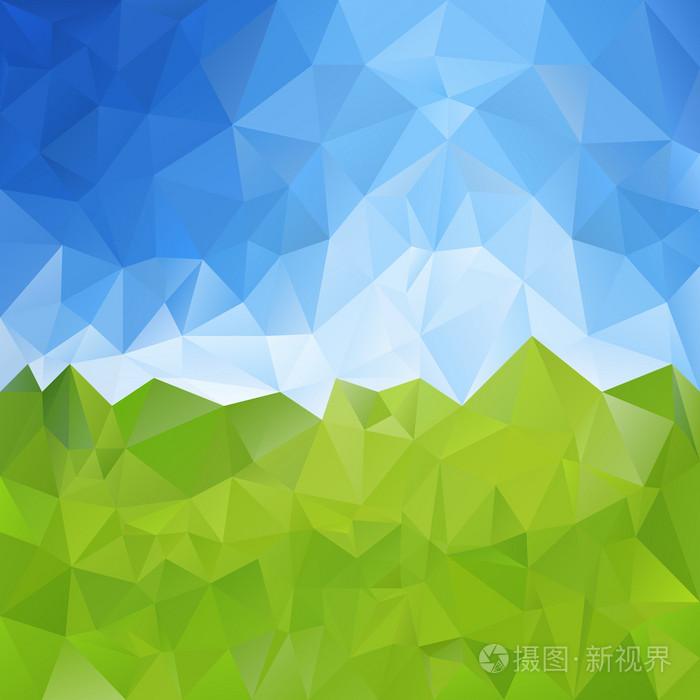 矢量多边形背景-三角设计在草甸与天空的颜色-绿色和蓝色