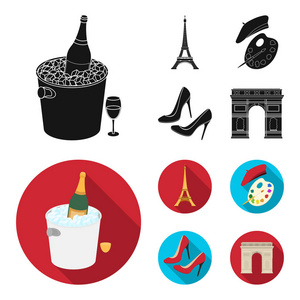 埃菲尔铁塔, 刷子, 帽子。法国国家集图标黑色, 平面式矢量符号股票插画网站