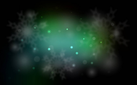 暗绿色向量布局与明亮的雪花。闪光抽象例证与冰的结晶。该模板可用作新的年份背景