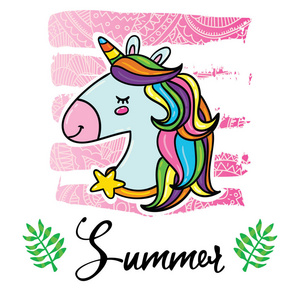 矢量卡通风格传单 t恤打印卡设计与时髦的夏日魔术独角兽在优雅的粉红色花边渐变笔触