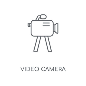 视频摄像机线性图标。摄像机概念笔画符号设计。薄的图形元素向量例证, 在白色背景上的轮廓样式, eps 10