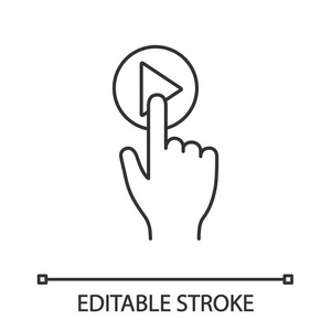 手动按下播放按钮线性图标.细线插图照片