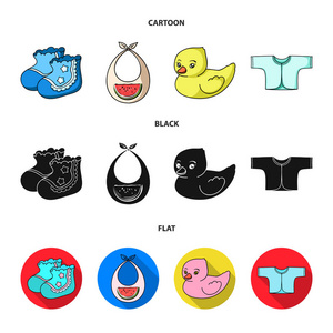 袜子, 围兜, 玩具鸭, raspashonka。婴儿出生集合图标在卡通, 黑色, 平面式矢量符号股票插画网站