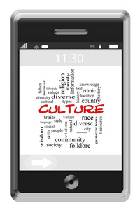 文化一词云概念的触摸屏手机上图片