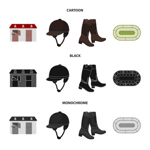 靴子, 草地, 体育场, 轨道, 休息。竞技场和马集合图标在卡通, 黑色, 单色风格矢量符号股票插画网站