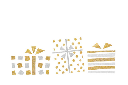 金色和银色闪光礼品盒剪纸白色背景隔离