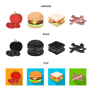 汉堡和配料卡通, 黑色, 平面图标集集合为设计。汉堡烹饪矢量符号股票网页插图