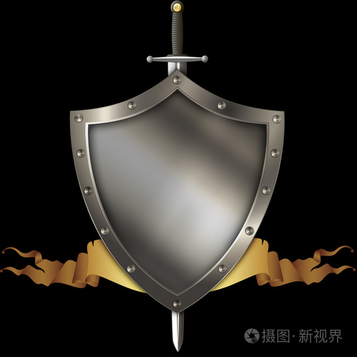中世纪的金色彩带与黑色背景上的剑盾