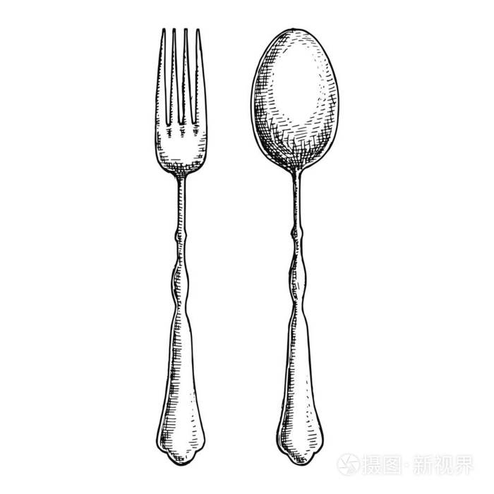 餐具手绘矢量.复古隔离的勺子和叉子