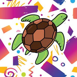 时尚卡 prind 设计与海洋生物龟在时髦的孟菲斯风格的背景图案。卡通风格设计理念