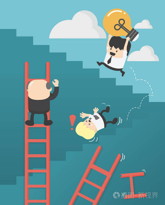 商人们拿着一个灯泡走上楼梯插画-正版商用图片0925j5-摄图新视界