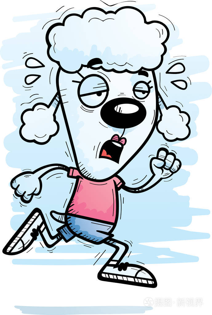 一个卡通插图的狮子狗跑, 看起来筋疲力尽